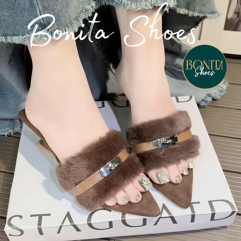 G800 Cao gót nữ Bonita Shoes mũi nhọn quai lông HỘT ĐÁ - NS12