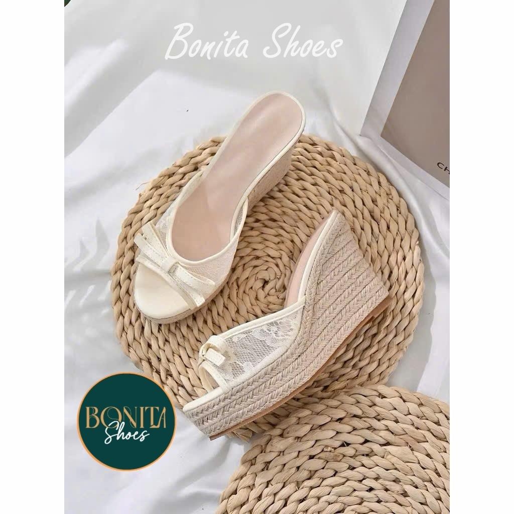 BMC408 Dép xuồng nữ đế cối Bonita Shoes quai ngang LƯỚI thắt nơ cao 11cm - NS12