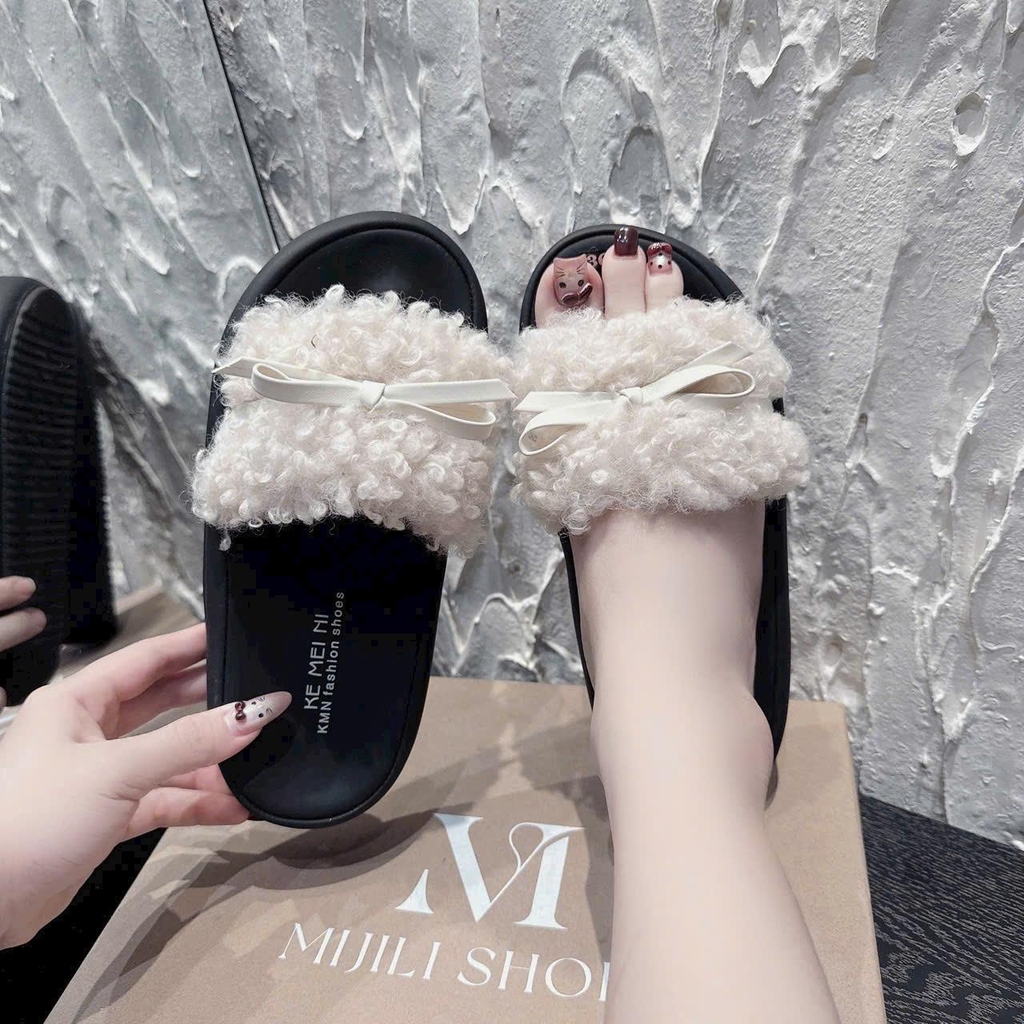 DX192 Dép xuồng nữ Bonita Shoes quai bản ngang lông xù xoắn đính nơ siêu xinh cao 7cm - NS12