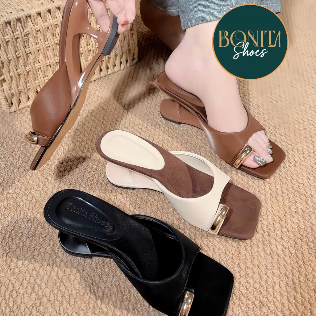 G176 Cao gót nữ Bonita Shoes quai ngang mũi vuông xỏ ngón khóa vàng GÓT MỚI cao 6cm - NS1