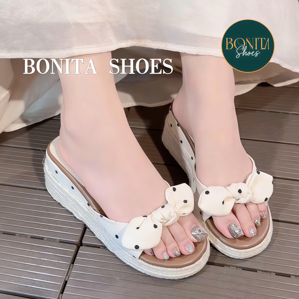 D526 Dép xuồng nữ đế cối Bonita Shoes mũi tròn CHẤM BI quai ngang Nơ thắt cao 5cm C - NS1