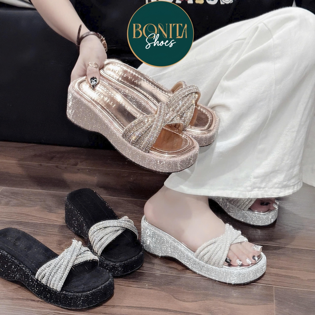 BM247 Dép xuồng nữ Bonita Shoes đế bling quai đá quấn chéo đính đá liti 6 cm - NS12
