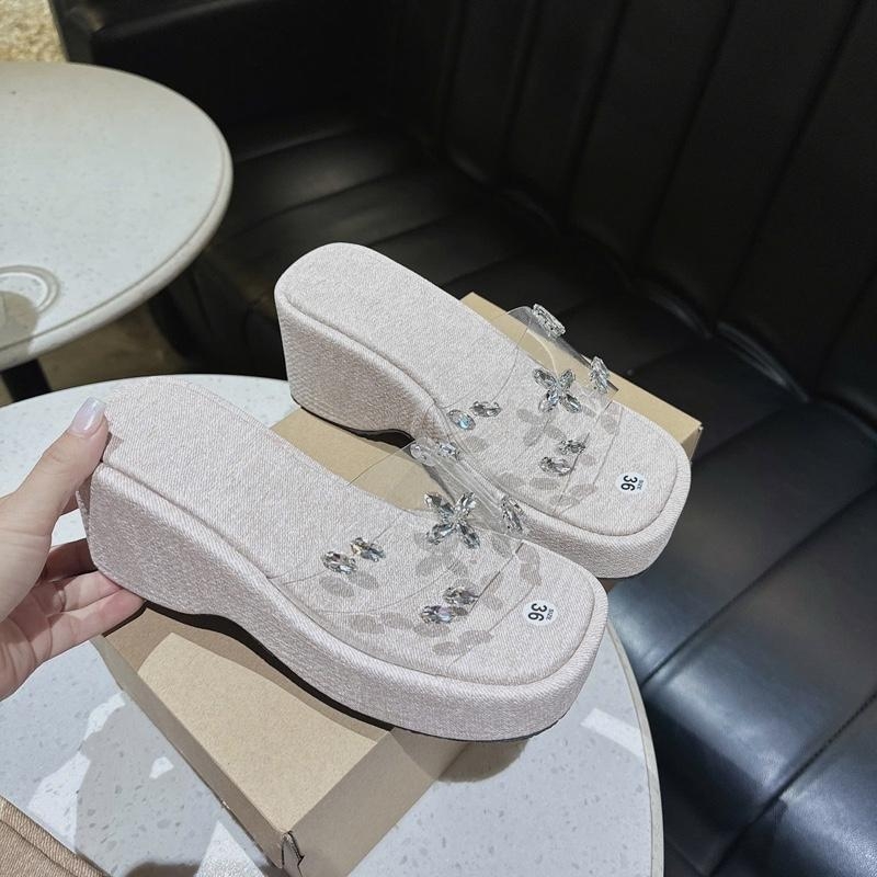 N12 Dép xuồng quai ngang mica đính đá lót vải đế 7cm - BM242