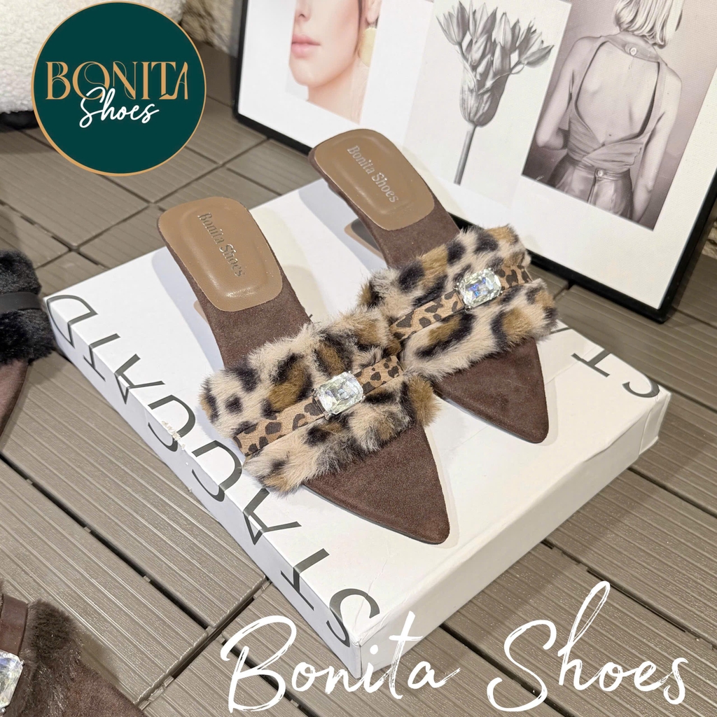 G800 Cao gót nữ Bonita Shoes mũi nhọn quai lông HỘT ĐÁ - NS12