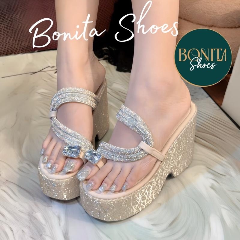 BM246 Dép xuồng nữ Bonita Shoes xỏ ngón khoá đá lấp lánh quai đá kéo eo đế Bling 11cm - NS2