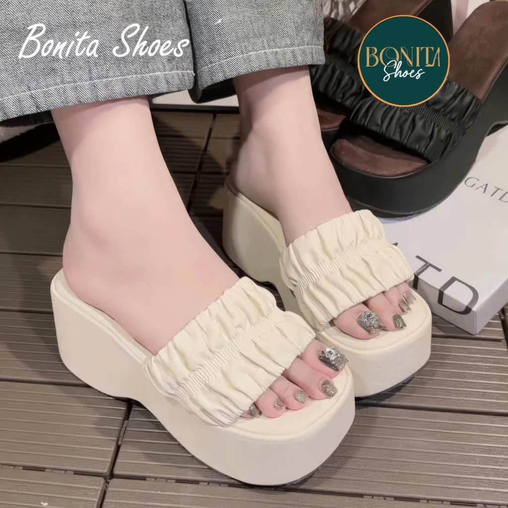 N5 Dép xuồng bánh mì quai ngang thắt nhún đế cao 7cm - Bonita Shoes BM639
