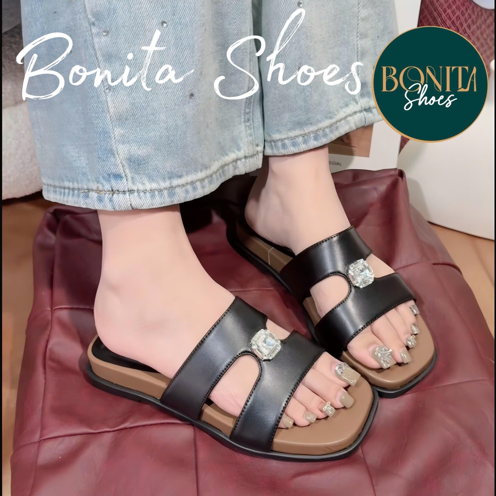 N5 Dép đế bệt quai ngang đính đá tròn siêu xinh D345 - Bonita Shoes