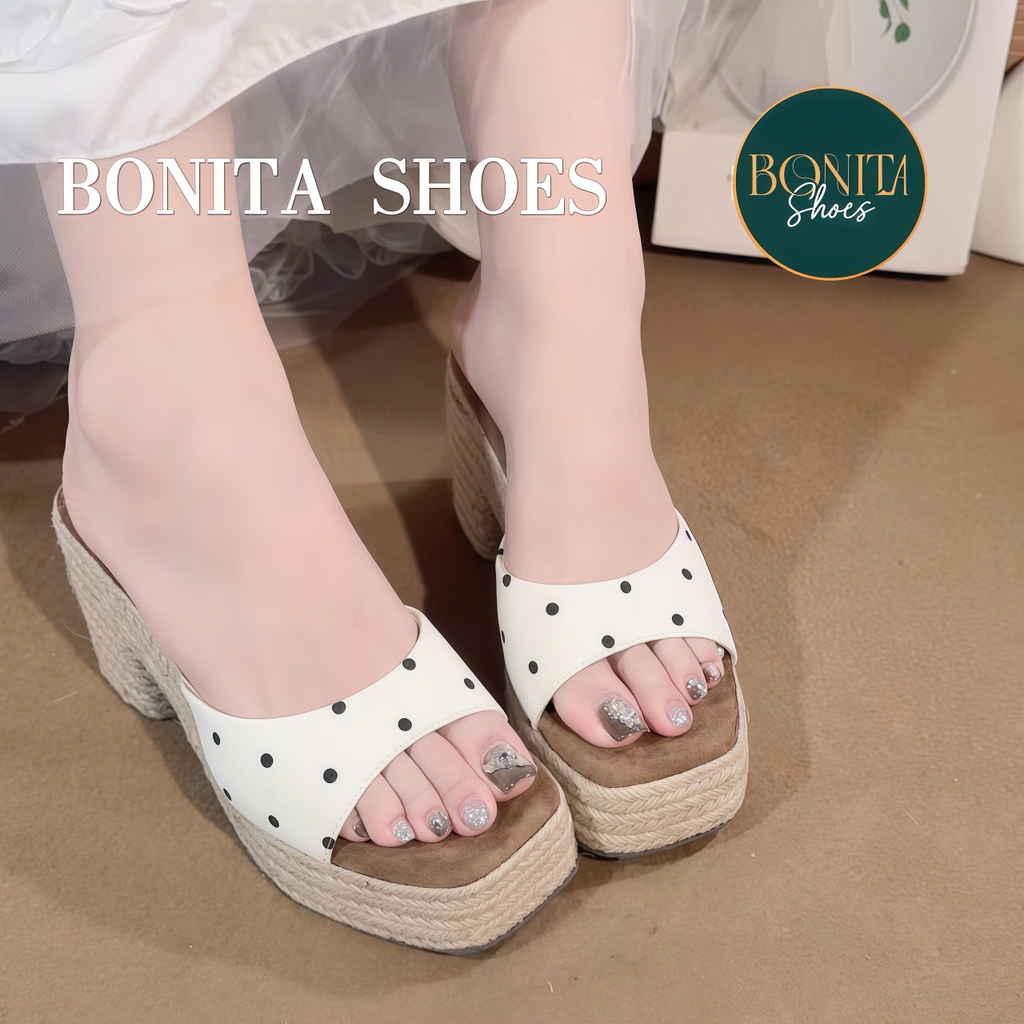 D145 Dép xuồng nữ đế cối Bonita Shoes eo L quai ngang CHẤM BI cao 8cm - NS1