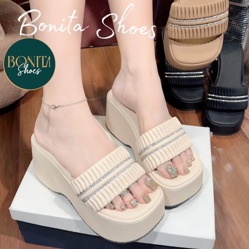 BM252 Dép xuồng bánh mì nữ Bonita Shoes quai ngang xếp ly 2 quai đường đá nhúm đế 7 cm - NS2