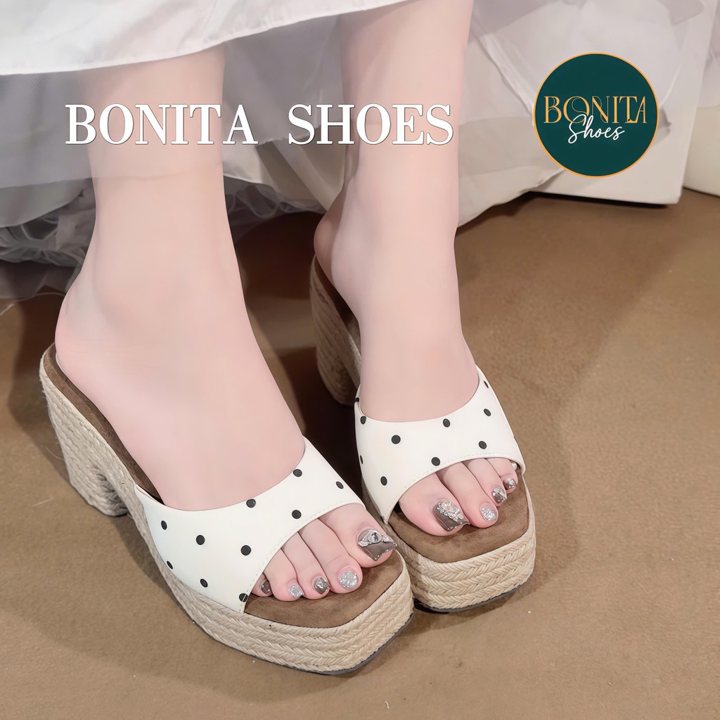 D145 Dép xuồng nữ đế cối Bonita Shoes eo L quai ngang CHẤM BI cao 8cm - NS1