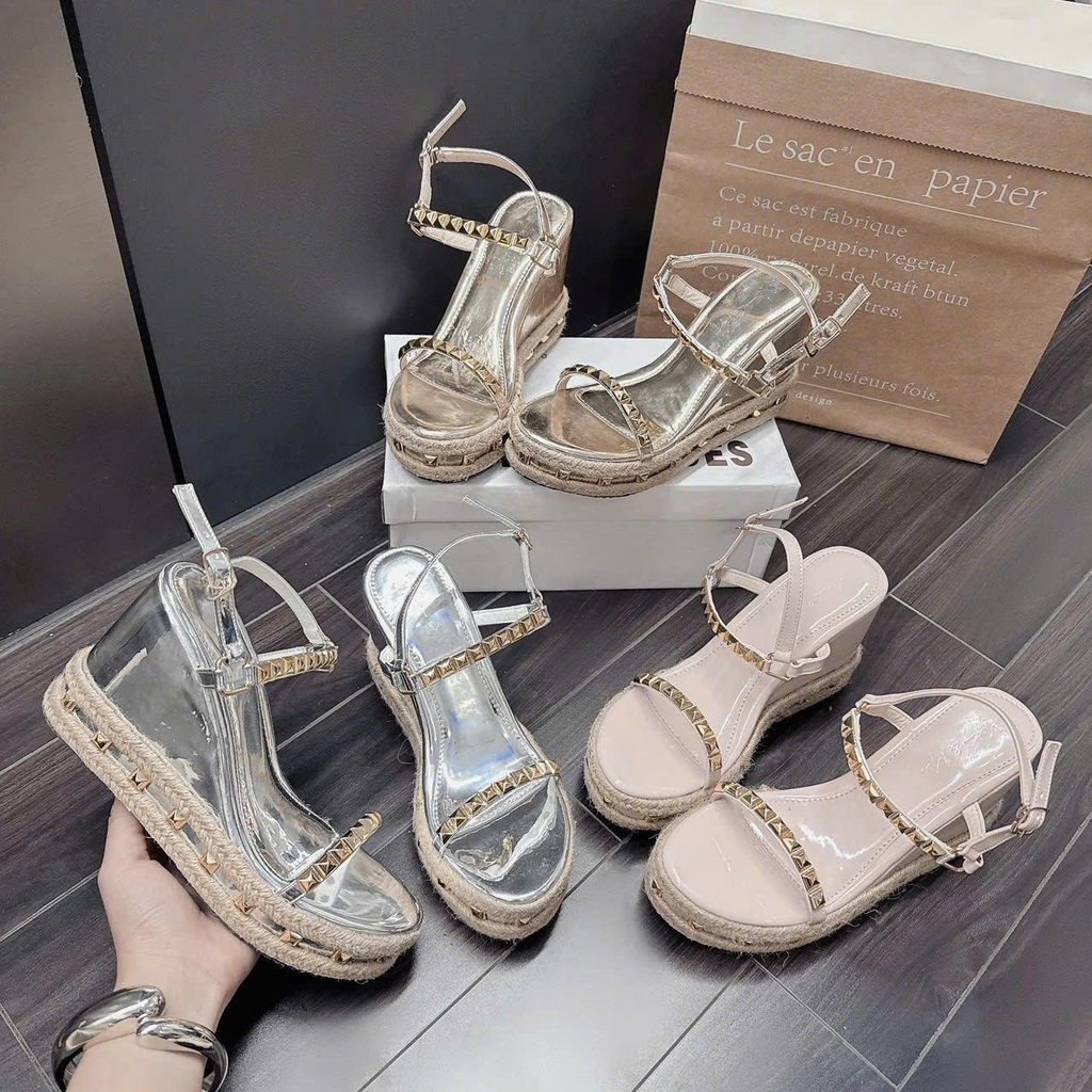 BMC15 SANDAL xuồng nữ Bonita Shoes da bóng đế viền dây cối quai đính hột đinh vàng 7 cm - NS12