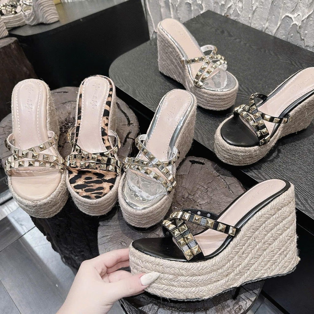 DX005 Dép xuồng nữ đế cối Bonita Shoes quai chéo dây đinh đá đế cối cao 12cm - NS12