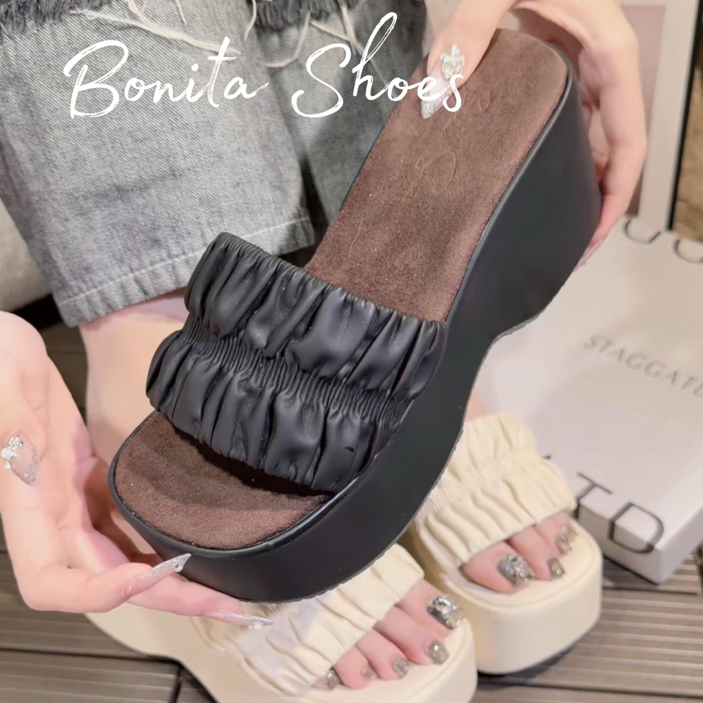 N5 Dép xuồng bánh mì quai ngang thắt nhún đế cao 7cm - Bonita Shoes BM639