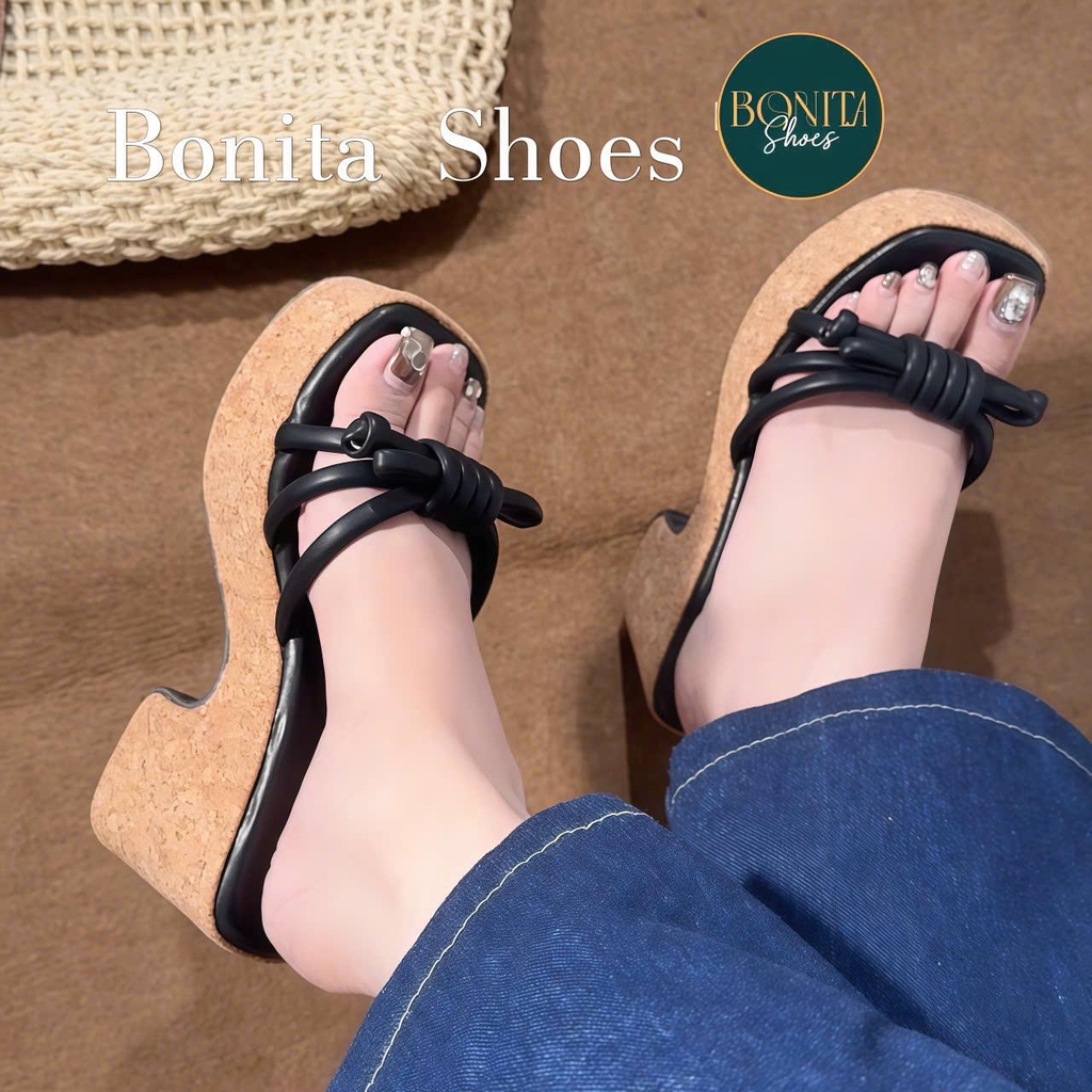D706 Dép xuồng nữ Bonita Shoes đế gỗ quai xoắn thắt nút cao 9cm (FORM RỘNG) - NS12