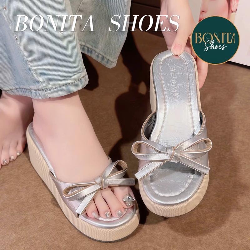 BMC28 Dép xuồng nữ Bonita Shoes quai eo nơ thắt đế giả cối cao 7 cm - NS2