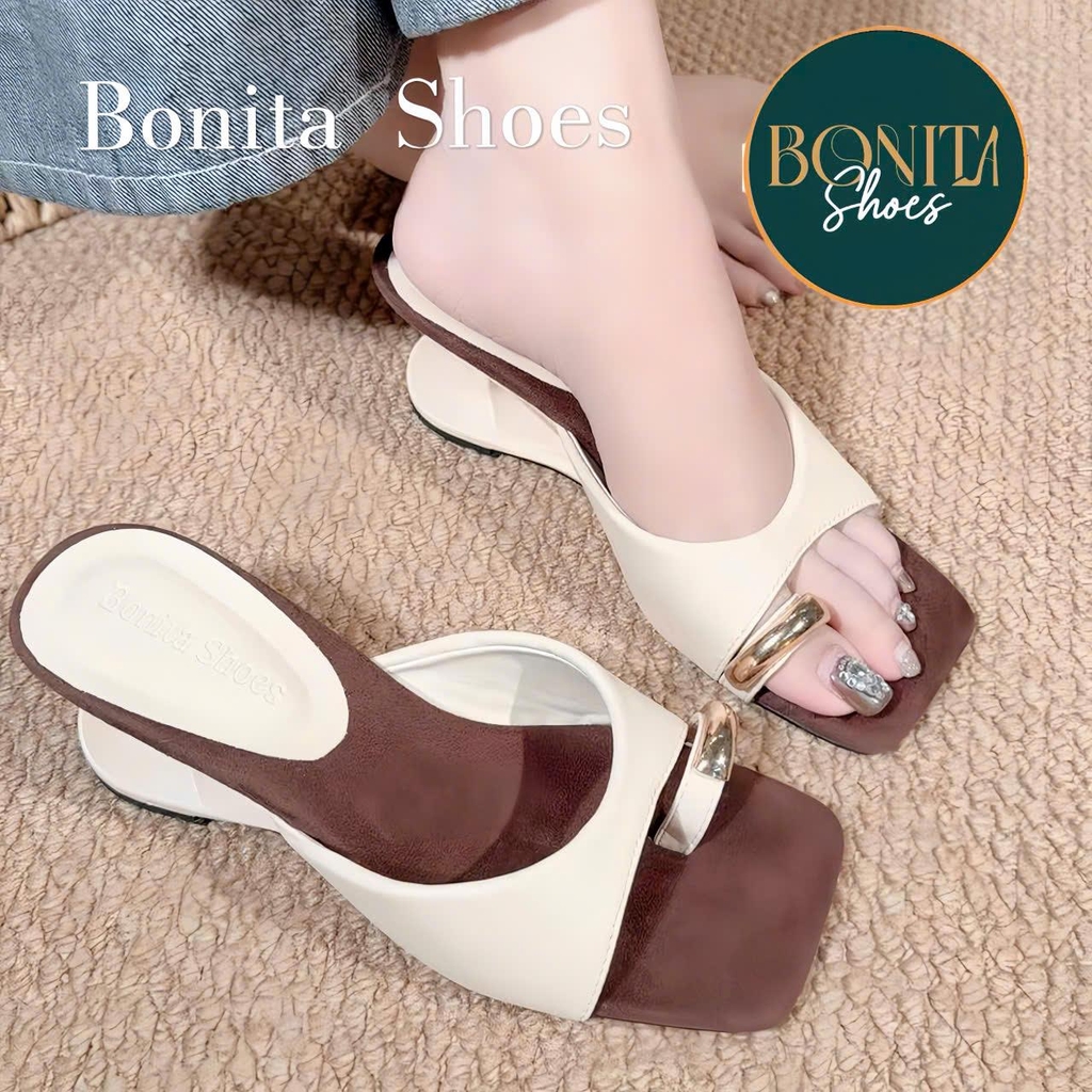 Cao gót nữ Bonita Shoes quai ngang mũi vuông xỏ ngón khóa vàng GÓT MỚI cao 6cm - NS1