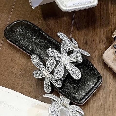 N58 Dép quai ngang mica 3 bông đá đế bệt - G145