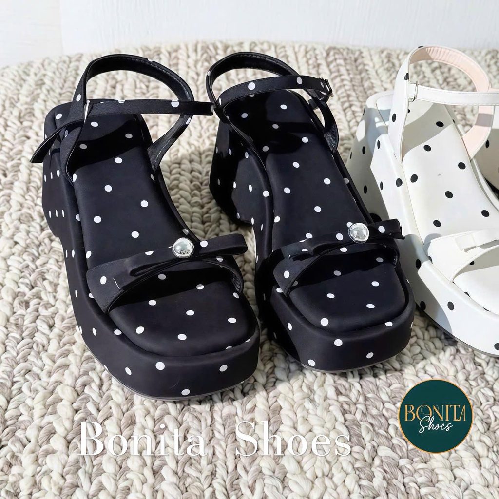 D144 Sandal xuồng nữ Bonita Shoes CHẤM BI thắt nơ cao 8cm - NS12