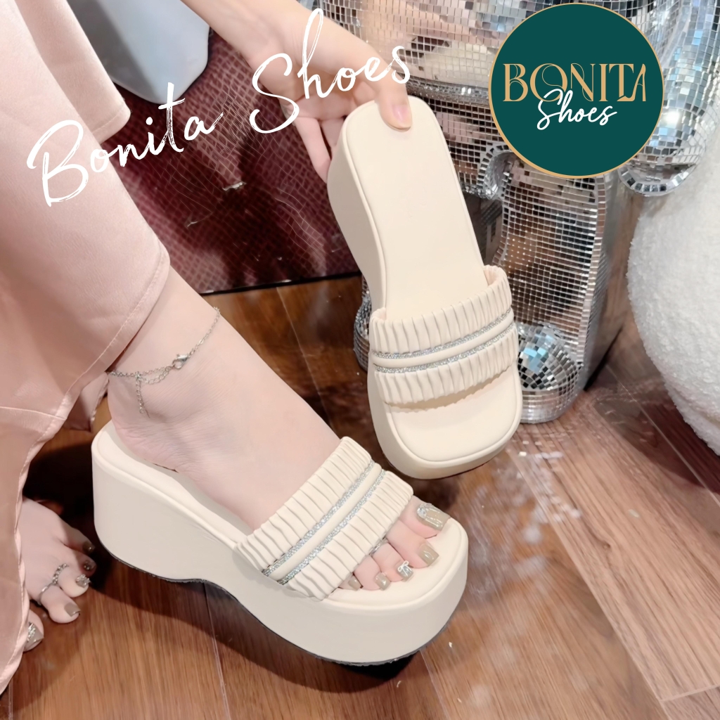 N2 Dép xuồng bánh mì nữ quai ngang xếp ly 2 quai đường đá nhúm đế 7 cm - BM252