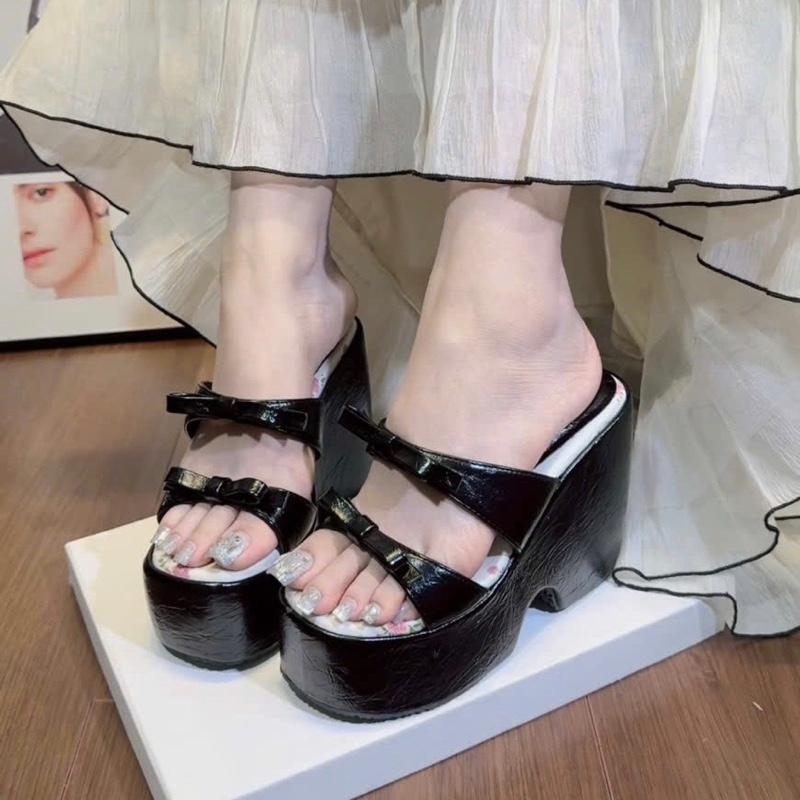 PU207 Dép xuồng nữ Bonita Shoes đúc 2 quai ngang nơ nhí 11cm đế đúp lót hoa - NS2