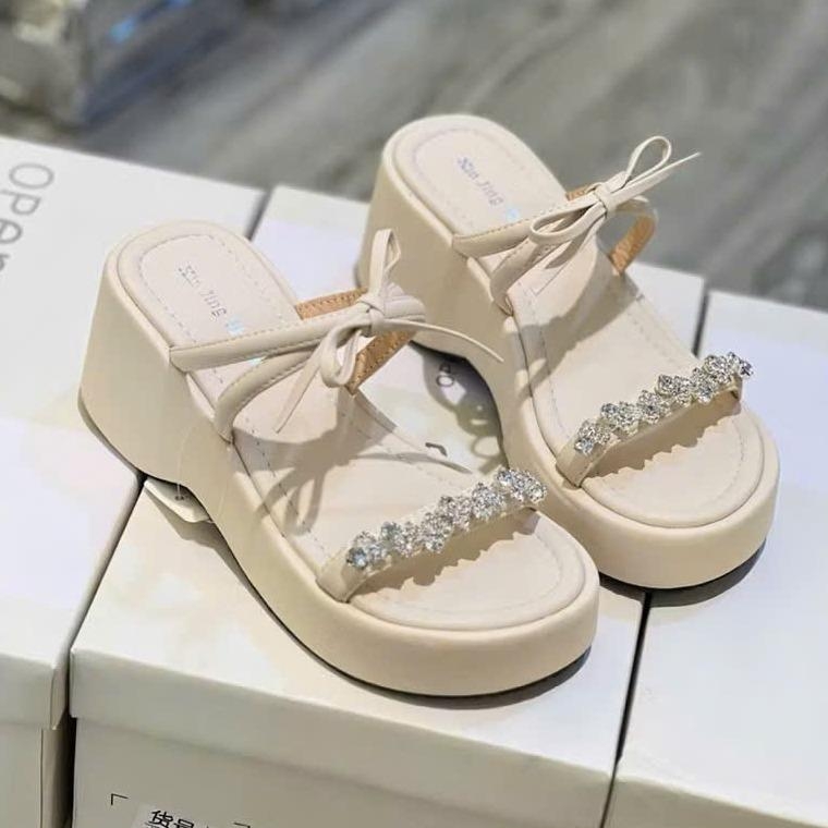 BM241 Dép xuồng nữ Bonita Shoes quai ngang đá liti phối nơ thắt 6 cm - NS2