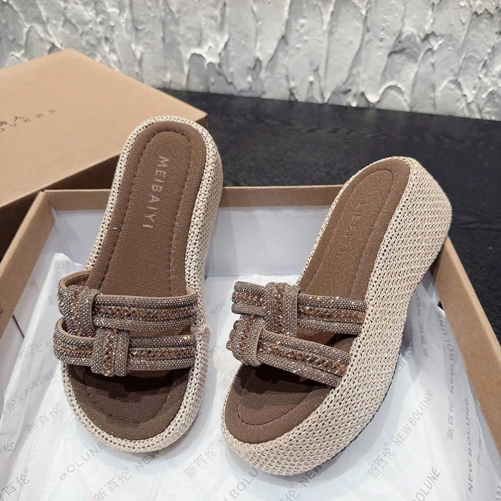 DX921 Dép xuồng nữ đế cối Bonita Shoes quai ngang đá đan lót da cao 5 cm - NS1