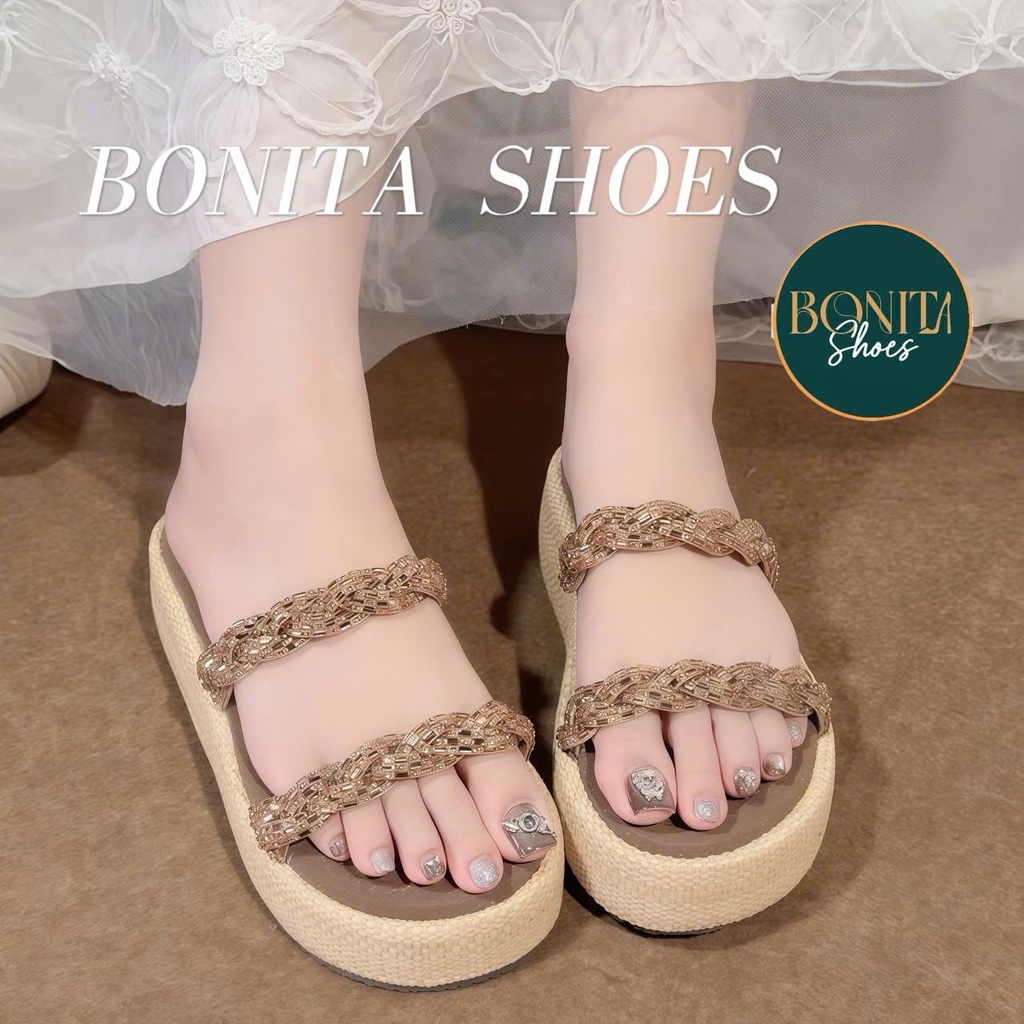 BM355 Dép xuồng nữ đế CỐI Bonita Shoes 2 quai đá bính cao 5cm - NS1