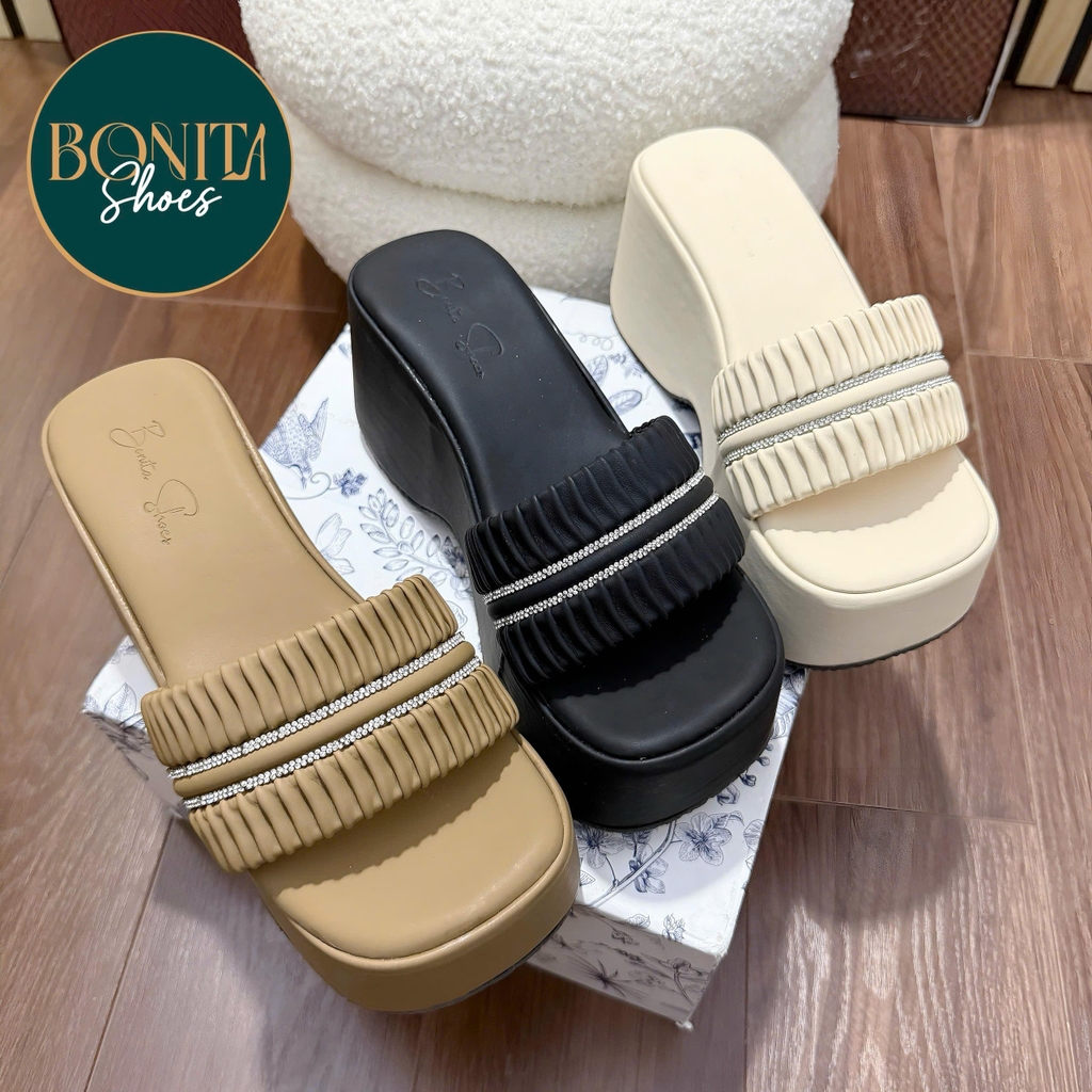 BM252 Dép xuồng bánh mì nữ Bonita Shoes quai ngang xếp ly 2 quai đường đá nhúm đế 7 cm - NS2