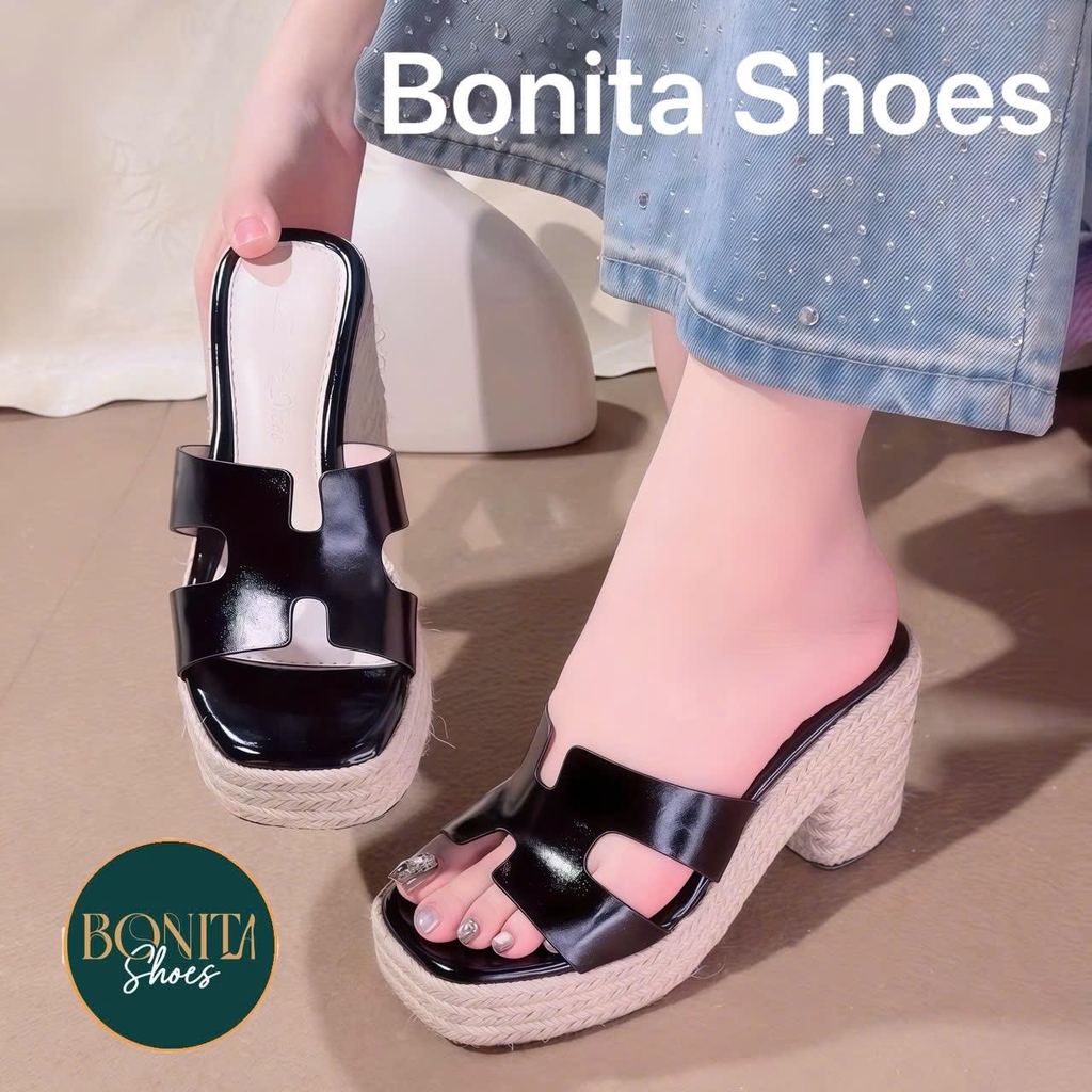 BMC144 Dép xuồng nữ đế cối Bonita Shoes quai H eo L cao 8 cm (FORM RỘNG) - NS12