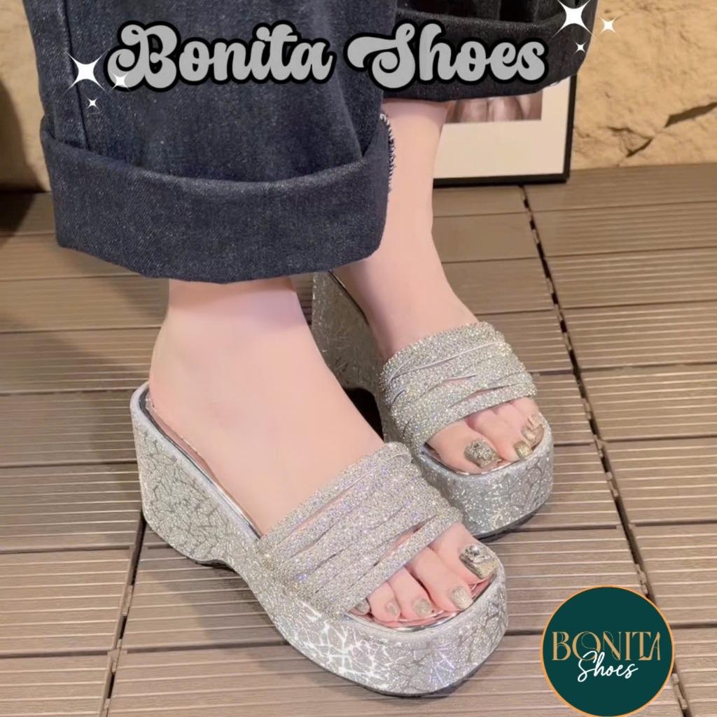 BM245 Dép xuồng nữ Bonita Shoes 1 4 quai đá xoắn đế bling lót bóng cao 10 cm - NS2