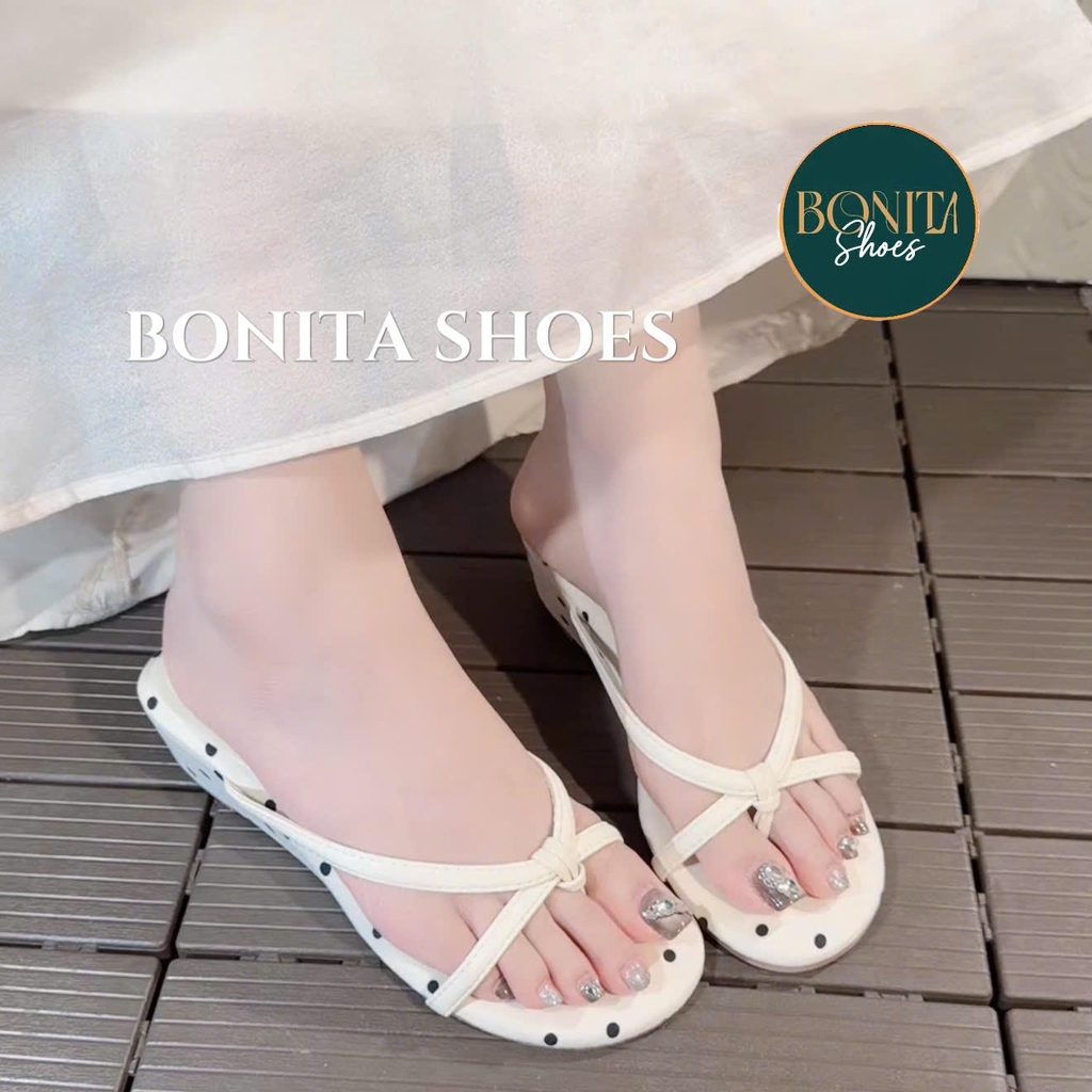 G339 Dép kẹp nữ Bonita Shoes Chấm Bi 2 quai ngang CHÉO cao 4cm (FORM RỘNG) - NS1