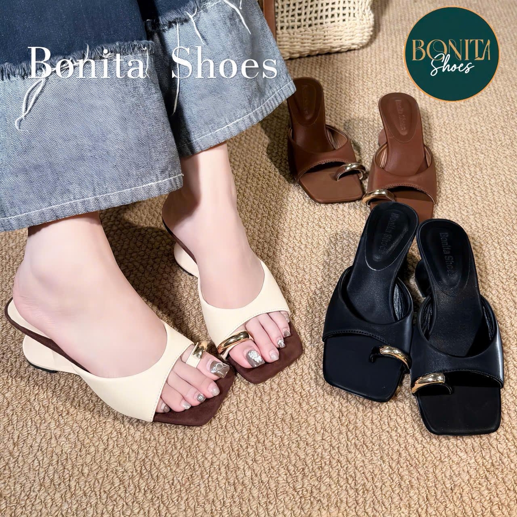 G176 Cao gót nữ Bonita Shoes quai ngang mũi vuông xỏ ngón khóa vàng GÓT MỚI cao 6cm - NS1
