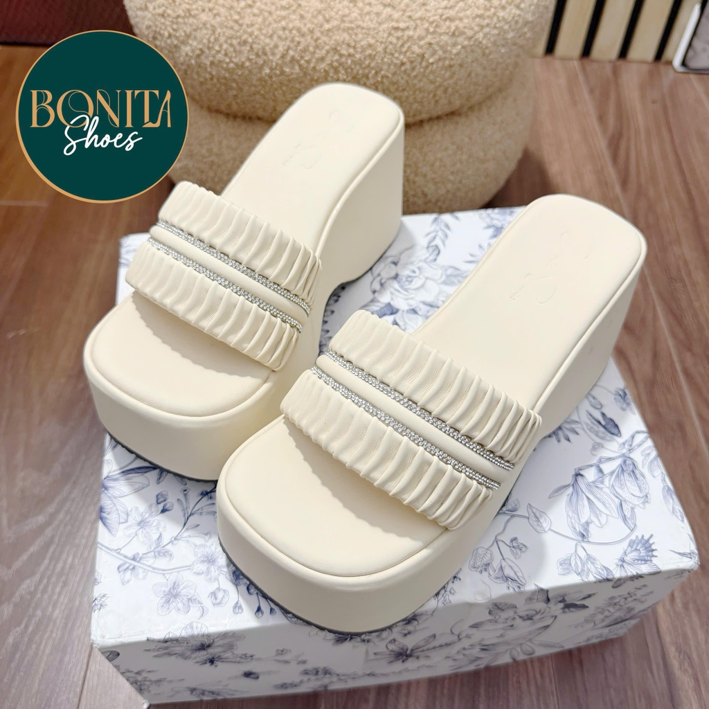 BM252 Dép xuồng bánh mì nữ Bonita Shoes quai ngang xếp ly 2 quai đường đá nhúm đế 7 cm - NS2