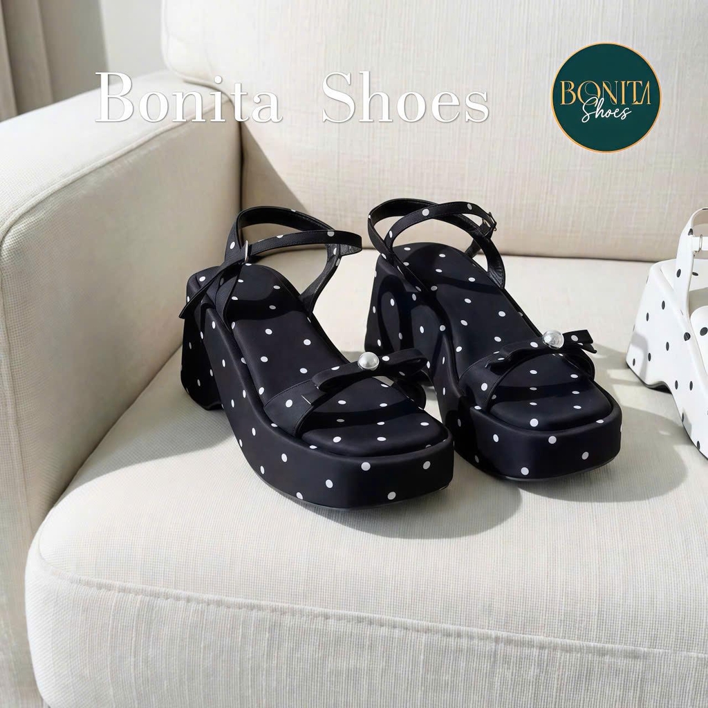 D144 Sandal xuồng nữ Bonita Shoes CHẤM BI thắt nơ cao 8cm - NS12