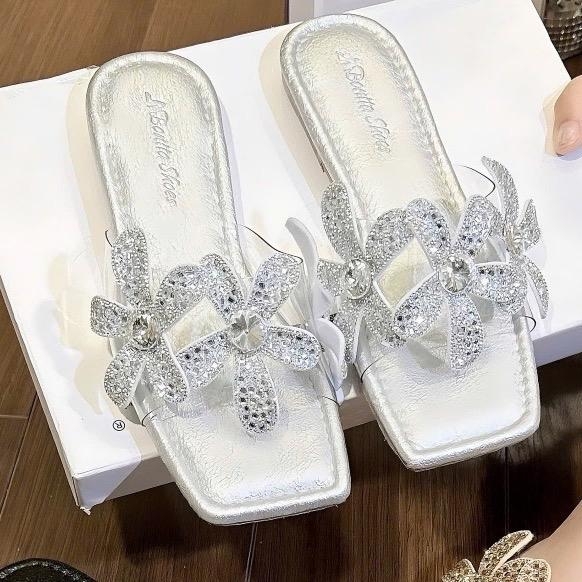N58 Dép quai ngang mica 3 bông đá đế bệt - G145
