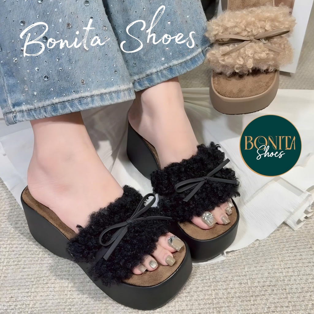 DX192 Dép xuồng nữ Bonita Shoes quai bản ngang lông xù xoắn đính nơ siêu xinh cao 7cm - NS12