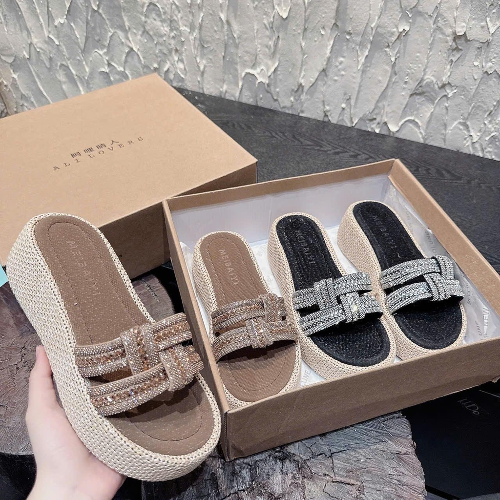 DX921 Dép xuồng nữ đế cối Bonita Shoes quai ngang đá đan lót da cao 5 cm - NS1