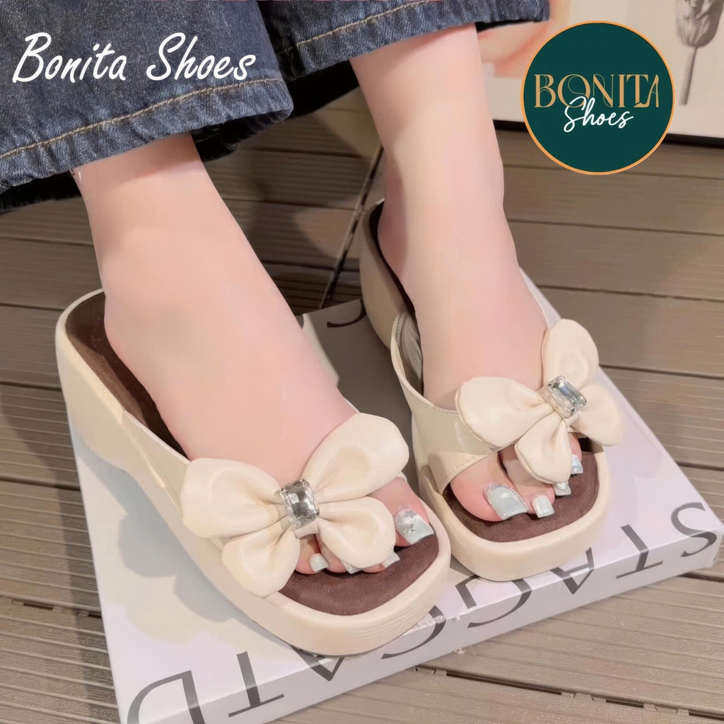 BM264 Dép xuồng nữ Bonita Shoes quai nơ B ngang da mềm 6 cm - NS12