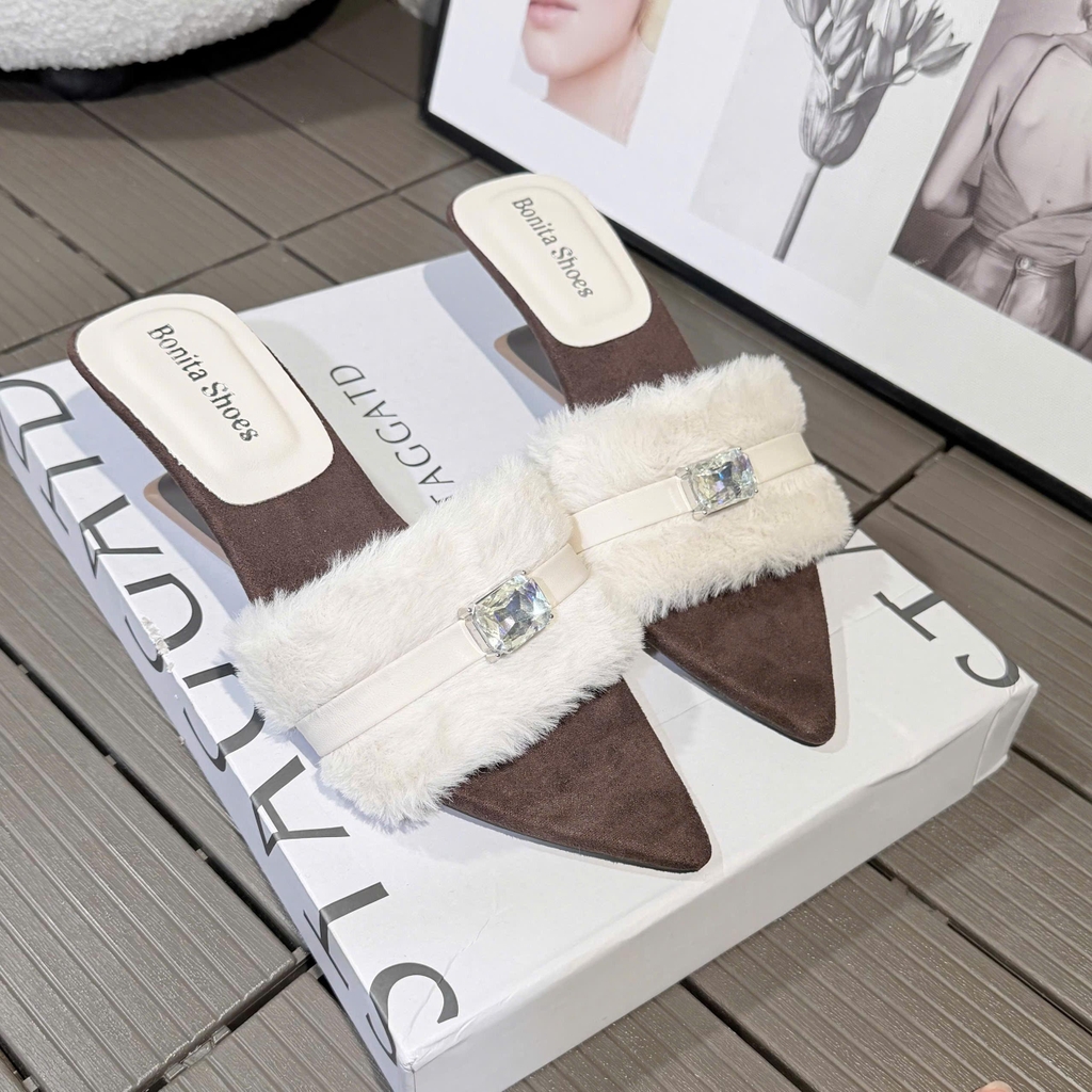 G800 Cao gót nữ Bonita Shoes mũi nhọn quai lông HỘT ĐÁ - NS12