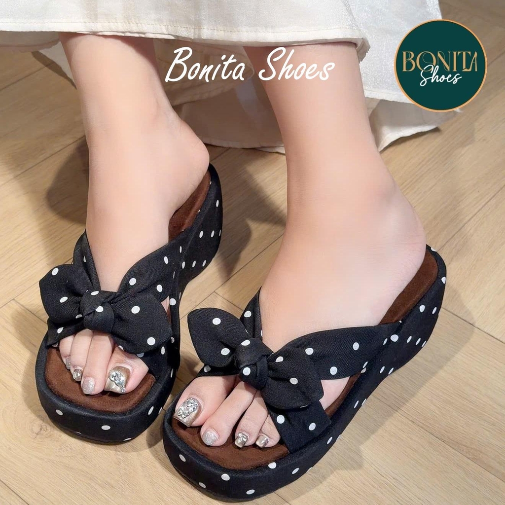 D517 Dép xuồng nữ Bonita Shoes CHẤM BI quai ngang Nơ thắt cao 5cm - NS12