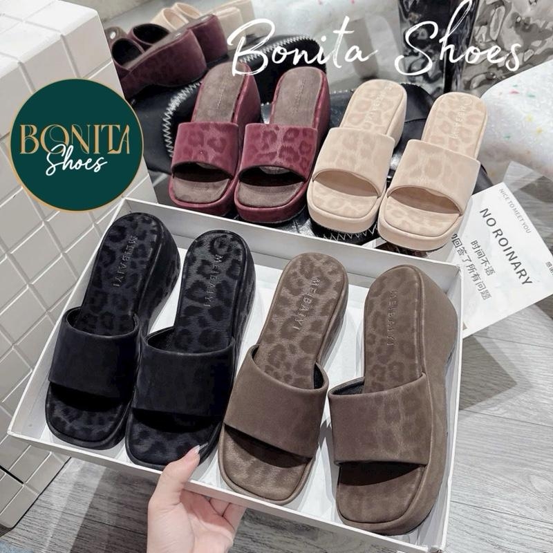 BM285 Dép xuồng nữ Bonita Shoes quai bản ngang lót da ánh beo đế 6cm - NS12