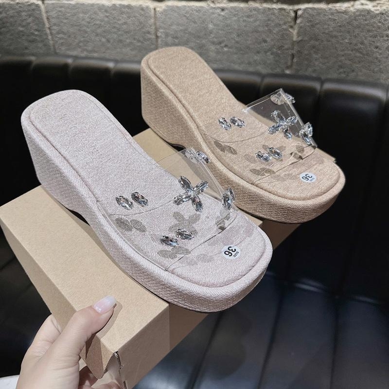 N12 Dép xuồng quai ngang mica đính đá lót vải đế 7cm - BM242