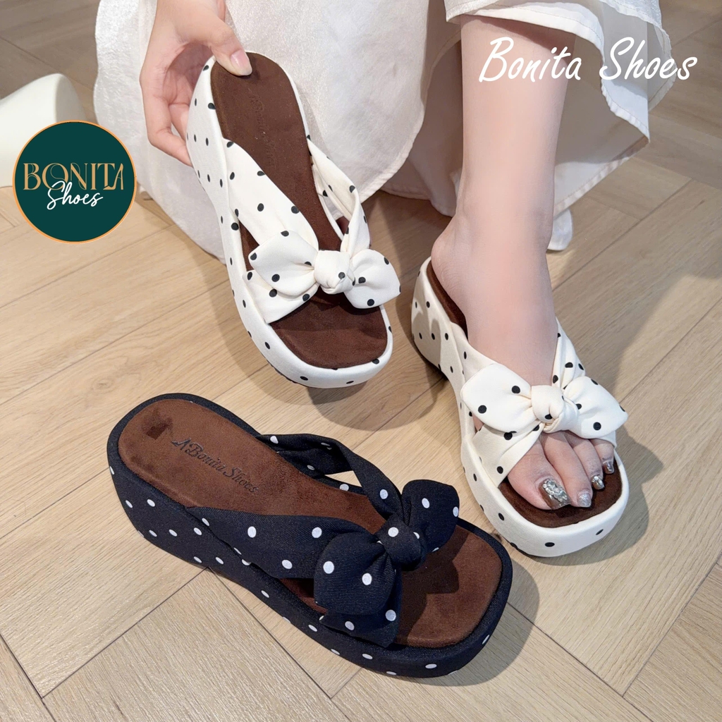 D517 Dép xuồng nữ Bonita Shoes CHẤM BI quai ngang Nơ thắt cao 5cm - NS12