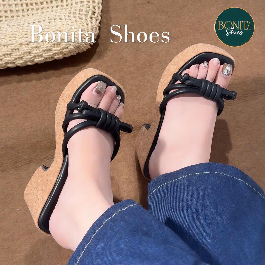 D706 Dép xuồng nữ Bonita Shoes đế gỗ quai xoắn thắt nút cao 9cm (FORM RỘNG) - NS12