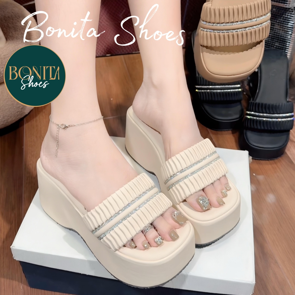BM252 Dép xuồng bánh mì nữ Bonita Shoes quai ngang xếp ly 2 quai đường đá nhúm đế 7 cm - NS2