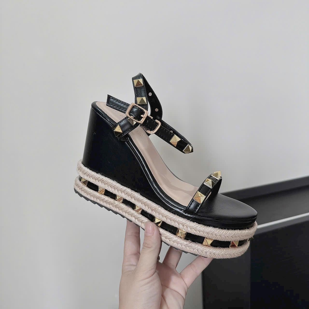 BMC15 SANDAL xuồng nữ Bonita Shoes da bóng đế viền dây cối quai đính hột đinh vàng 7 cm - NS12