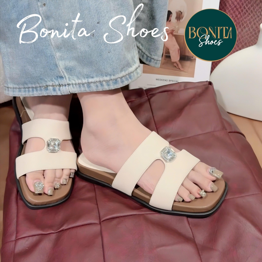 N5 Dép đế bệt quai ngang đính đá tròn siêu xinh D345 - Bonita Shoes