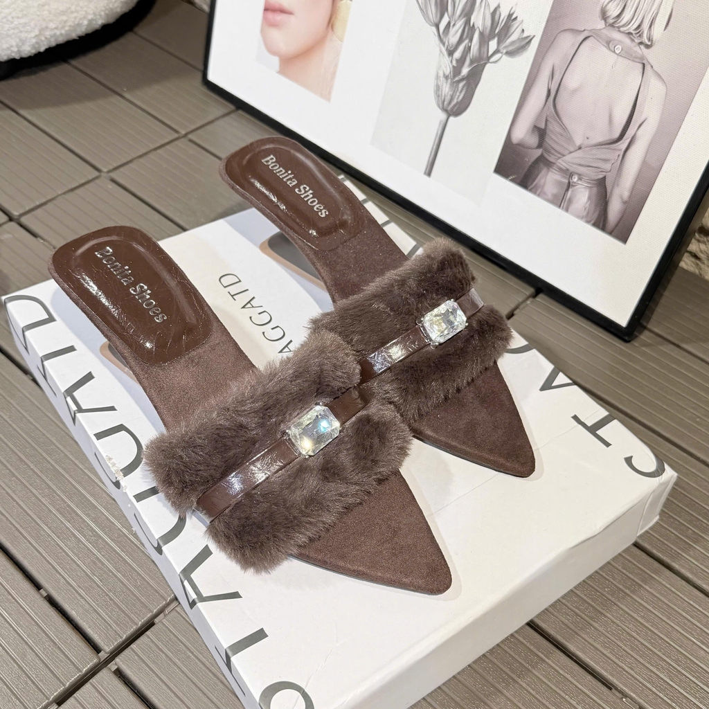 G800 Cao gót nữ Bonita Shoes mũi nhọn quai lông HỘT ĐÁ - NS12