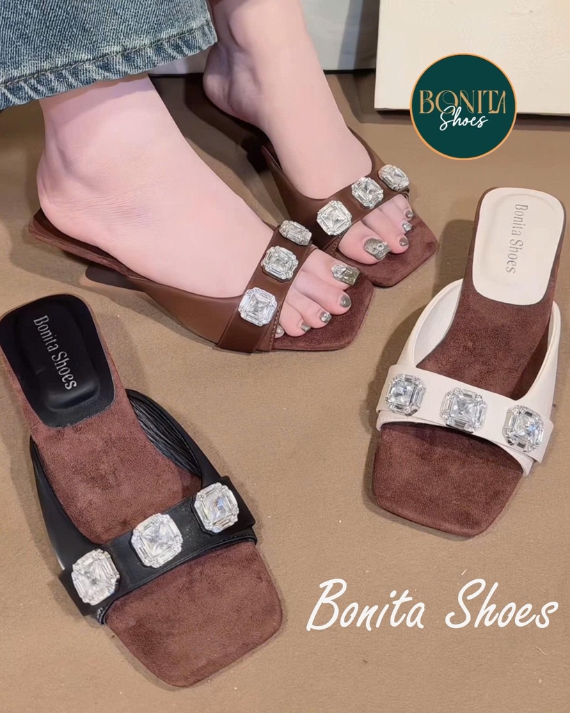G212 Cao gót nữ Bonita Shoes quai ngang đính 3 hột đá sáng gót pháp cao 6cm - NS1