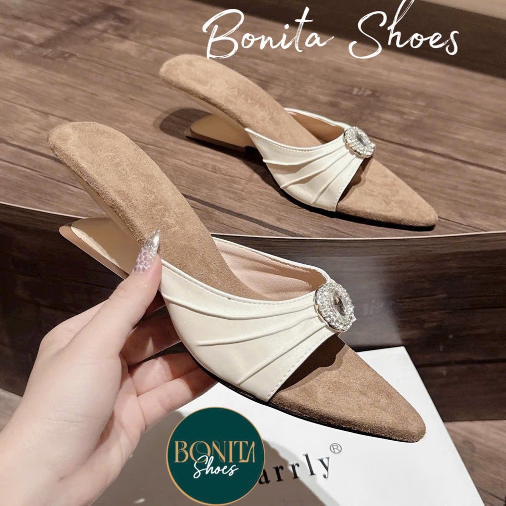G288 Guốc cao gót nữ Bonita Shoes mũi nhọn quai ngang nhúm đính đá gót pháp sang trọng - NS12